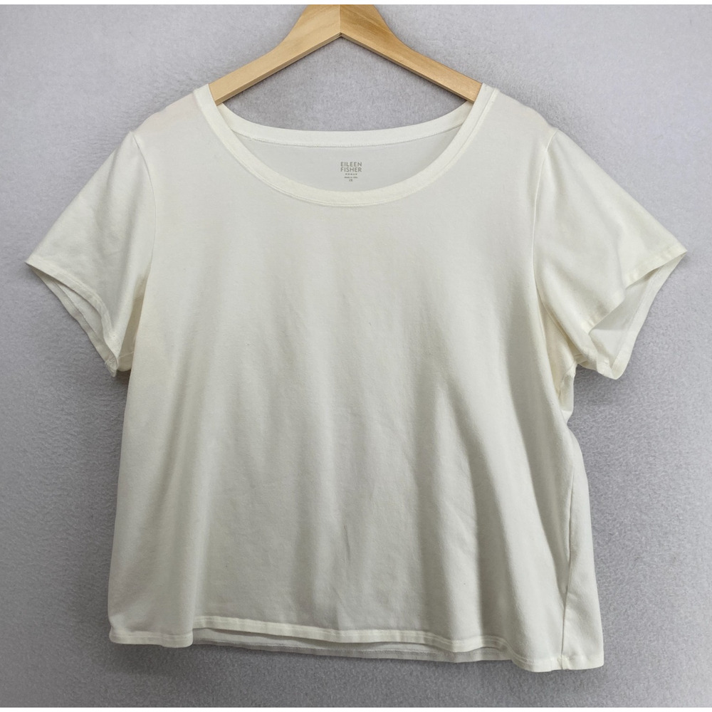 EILEEN FISHER Top 1X Stretch Organic Cotton Jersey Short Sleeve Off White USA